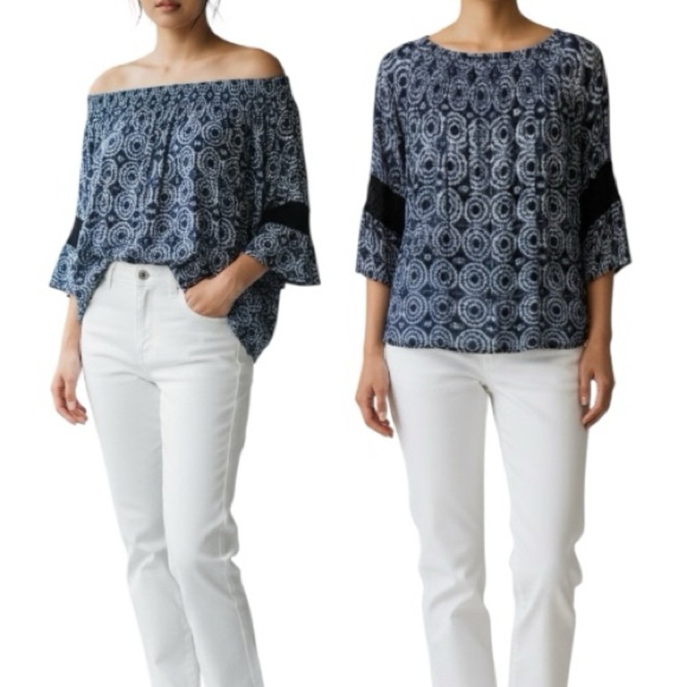 Studio West Blue and White On/Off-Shoulder Blouse, 3/4 Flared Sleeves, Size L